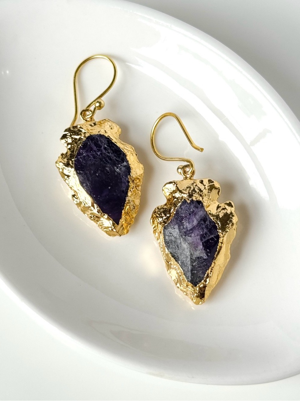 18K Gold Plated Purple Amethyst Arrowhead Hook Earrings